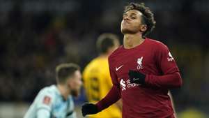 epa10411632 Liverpool&#039;s Fabio Carvalho reacts during the FA Cup third round soccer match between Wolverhampton Wanderers and Liverpool FC in Wolverhampton, Britain, 14 January 2023.  EPA/Tim Keeton EDITORIAL USE ONLY. No use with unauthorized audio, video, data, fixture lists, club/league logos or &#039;live&#039; services. Online in-match use limited to 120 images, no video emulation. No use in betting, games or single club/league/player publications