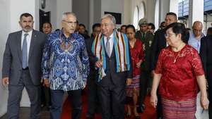 epa11572749 UN Secretary-General Antonio Guterres (C) walks with East Timor’s President Jose Ramos Horta (2-L) and the President of the National Parliament, Maria Fernanda Lay (R) during a visit at the parliament building in Dili, East Timor, also known as Timor Leste, 30 August 2024. Guterres in an official visit to Dili to attend the 25th anniversary of the referendum for the country’s independence. Timor Leste’s independence referendum was held on 30 August 1999, organised by the United Nations Mission in East Timor (UNTAET) leading to their separation from Indonesia.  EPA/ANTONIO DASIPARU