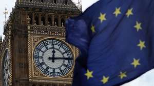 epa11493838 An EU flag flies outside the UK parliament in London, Britain, 24 July 2024. The new UK Labour Government is expected to review its relationship with EU after it promised improved relations with EU countries to reverse the harms of Brexit.  EPA/ANDY RAIN