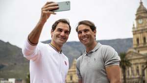 epa10185695 (FILE) - Roger Federer of Switzerland (L) and Rafael Nadal of Spain (R) take a selfie after playing mini tennis on the Cape Town Grand Parade infront of the City Hall and Table Mountain ahead of their exhibition match, South Africa 07 February 2020 (reissued 15 September 2022). Federer on 15 September 2022 released a statement reading that the Laver Cup held on 23-25 September in London will be his final ATP event to compete in.  EPA/NIC BOTHMA *** Local Caption *** 55855978