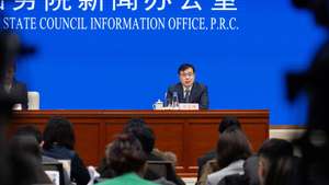 epa11969360 Fu Linghui, Spokesperson and Director General of the Department of Comprehensive Statistics of the National Bureau of Statistics, speaks during a press conference in Beijing, China, 17 March 2025. According to the National Bureau of Statistics, China had steady economic growth for the first two months of 2025, with industrial enterprises growing 5.9 percent year on year; services production growing 5.6 percent year on year; and investment in fixed assets up by 4.1 percent year on year.  EPA/JESSICA LEE