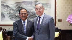 epa12193830 Chines Foreign Minister Wang Yi (R) meets with  India's national security adviser and special representative for the India-China boundary question Shri Ajit Doval in Beijing, capital of China, 23 June 2025 (issued 24 June 2025).  EPA/XINHUA / Wang Ye CHINA OUT / UK AND IRELAND OUT  /       MANDATORY CREDIT EDITORIAL USE ONLY