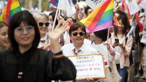 epa11291084 Supporters of the lesbian, gay, bisexual, and transgender (LGBTQ+) community take part in the Tokyo Rainbow Pride Parade on the streets of Tokyo, Japan, 21 April 2024. Thousands of participants and supporters of the LGBTQ+ community marched the streets in Tokyo's Shibuya district to spread awareness about a society free of prejudice and discrimination.  EPA/FRANCK ROBICHON