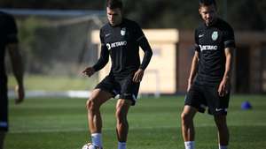 Sporting players João Palhinha (L) and Pablo Sarabia (R) in action during a training session in Alcochete, Portugal, 27 September 2021. Sporting CP will face Borussia Dortmund in Germany on 28 September 2021 in their UEFA Champions League group stage soccer match. RODRIGO ANTUNES/LUSA