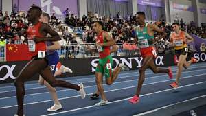 epa11978424 (L-R) Festus Lagat of Kenya, Isaac Nader of Portugal, Melese Nberet of Ethiopia and Mariano Garcia of Spain compete in a Men's 1500m heat at the World Athletics Indoor Championships in Nanjing, China, 21 March 2025.  EPA/ANDRES MARTINEZ CASARES