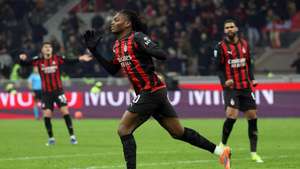 epa12637133 AC Milan's Rafael Leao celebrates scoring the 1-1 goal during the Italian Serie A soccer match between AC Milan and Genoa CFC, in Milan, Italy, 08 January 2026.  EPA/MATTEO BAZZI