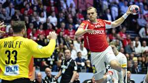 epa12698486 Denmark's Johan Hansen during the EHF Euro 2026 final match between Denmark and Germany at Jyske Bank Boxen in Herning, Denmark, 01 February 2026.  EPA/Henning Bagger DENMARK OUT