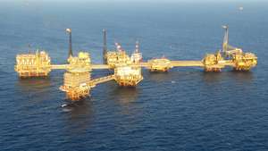 epa09324828 (FILE) - An oil platform near the city of Minatitlan, Veracruz state, Mexico, 09 April 2016 (Issued 05 July 2021). The state-owned Petroleos Mexicanos (PEMEX) said that the gas leak and the fire that occurred at a facility in the Gulf of Mexico on 02 July were caused by an thunderstorm storm. 'According to weather reports, on 02 July, a thunderstorm with heavy rain occurred in the area of the Ku asset platforms, which caused the pneumatic pump gas turbocompression equipment necessary for the production of the wells to go out of operation.' the state oil company said in a statement.  EPA/Edgar Avila