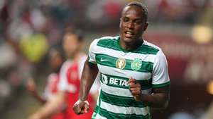 epa09414261 Sporting player Jovane Cabral celebrates after scoring a goal against Sporting de Braga during the Portuguese First League soccer match held at Braga Municipal Stadium, in Braga, Portugal, 14 August 2021.  EPA/HUGO DELGADO
