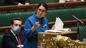 epa09602702 A handout photograph released by the UK Parliament shows British Home Secretary Priti Patel speaking on the small boats incident in the Channel, in the House of Commons in Westminster, London, Britain, 25 November 2021.  EPA/UK PARLIAMENT/JESSICA TAYLOR HANDOUT  HANDOUT EDITORIAL USE ONLY/NO SALES
