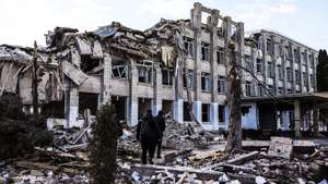 The main building of school number 25 in Zhytomyr, Ukraine destroyed after being bombed, March 11, 2022. Russian troops entered Ukraine on 24 February prompting the country's president to declare martial law and triggering a series of announcements by Western countries to impose severe economic sanctions on Russia.  MIGUEL A. LOPES/LUSA
