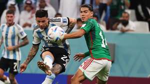 epa10331257 Enzo Fernandez of Argentina scores the 2-0 goal during the FIFA World Cup 2022 group C soccer match between Argentina and Mexico at Lusail Stadium in Lusail, Qatar, 26 November 2022.  EPA/Mohamed Messara