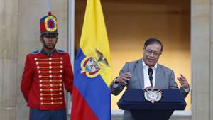 epa10465852 The President of Colombia, Gustavo Petro, delivers a speech during the public act of filing the health reform before Congress, in Bogota, Colombia, 13 February 2023. The Colombian Government presented this 13 February the health reform, which has been causing debates in the country for weeks, and with which it intends, if approved in Congress, to bring health care to all corners and strengthen primary care and prevention of diseases.  EPA/Mauricio DueÃ±as CastaÃ±eda
