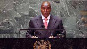 epa09480822 Central African Republic President Faustin-Archange Touadera speaks during the 76th Session of the United Nations General Assembly, at UN headquarters, in New York City, New York, USA, 21 September 2021.  EPA/SPENCER PLATT / POOL