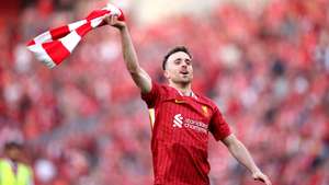 epa12059318 Liverpool player Diogo Jota celebrates in front of fans after the English Premier League soccer match between Liverpool FC and Tottenham Hotspur, in Liverpool, Britain, 27 April 2025. Liverpool won 5-1 to win their 20th English league title.  EPA/ADAM VAUGHAN EDITORIAL USE ONLY. No use with unauthorized audio, video, data, fixture lists, club/league logos, 'live' services or NFTs. Online in-match use limited to 120 images, no video emulation. No use in betting, games or single club/league/player publications.
