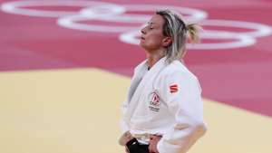 A judoca portuguesa Telma Monteiro foi derrotada pela judoca polaca Julia Kowalczyk, depois de mais de 5 minutos no golden score e falhou os quartos de final dos Jogos Olimpicos de Tóquio 2020, no Budokan em Tóquio, 26 de julho de 2021. TIAGO PETINGA/LUSA