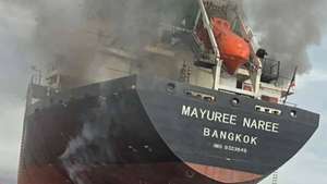 epa12813296 A handout photo made available by the Royal Thai Navy shows the Thai-flagged cargo ship Mayuree Naree on fire after being hit by Iranian missiles in the Strait of Hormuz, Iran, 11 March 2026 (issued 12 March 2026). According to the Royal Thai Navy, 20 Thai crew members were rescued by Oman’s navy while three remain missing.  EPA/ROYAL THAI NAVY / HANDOUT HANDOUT EDITORIAL USE ONLY/NO SALES