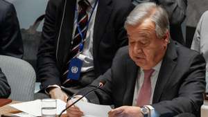 epa11279337 United Nations Secretary General Antonio Guterres reads a speech to members of Security Council as they attend a meeting on the situation in the Middle East at the United Nations headquarters in New York, New York, U.S. on 14 April 2024. The State of Israel called for the meeting following a barrage of drone and missile attacks by the Islamic Republic of Iran on 13 April.  EPA/STEPHANI SPINDEL