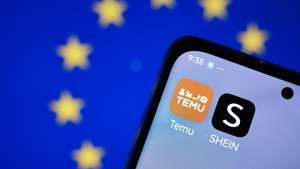 epa11880211 (ILLUSTRATION) - The Temu (L) and Shein e-commerce apps are displayed on a smartphone against a screen with the European Union (EU) flag (rear), in Berlin, Germany, 07 February 2025. As part of its e-commerce customs and trade proposal, the European Commission proposed on 05 February, measures to tackle risks from cheap imports sold online by non-EU retailers and marketplaces, including enhanced customs controls.  EPA/HANNIBAL HANSCHKE
