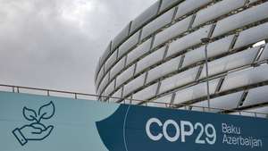 epa11730559 An installation with the COP29 logo is on display near the venue of the United Nations Climate Change Conference COP29 in Baku, Azerbaijan, 20 November 2024. The Azerbaijani capital of Baku hosts the 2024 United Nations Climate Change Conference (COP29) from 11 to 22 November 2024.  EPA/ANATOLY MALTSEV