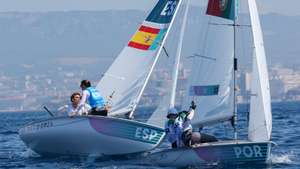 epa11530906 Nora Brugman and Jordi Xammar Hernandez of Spain and Diogo Costa with Carolina Joao of Portugal in action during the Mixed Dinghy 470 opening series race of the Sailing competitions in the Paris 2024 Olympic Games, at the Marseille Marina in Marseille, France, 06August 2024.  EPA/OLIVIER HOSLET
