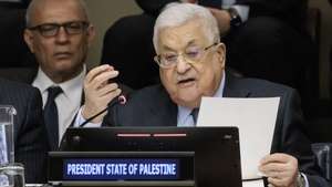 epa10629774 Palestine's President Mahmoud Abbas (C) speaks during a meeting marking the 75th observation by Palestine of Nakba held by the United Nations' Committee on the Exercise of the Inalienable Rights of the Palestinian People at United Nations headquarters in New York, New York, USA, 15 May 2023. Nakba, which is being observed at the UN for the first time today, is marked annually by Palestinians to commemorate the mass displacement of Palestinians that followed the 15 May 1948 establishment of Israel.  EPA/JUSTIN LANE