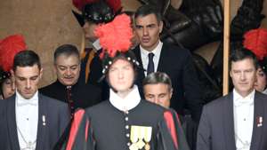 epa11654111 Spanish Prime Minister Pedro Sanchez (C) leaves after a private audience with Pope Francis (not pictured) at the San Damaso courtyard in the Vatican City, 11 October 2024.  EPA/ETTORE FERRARI