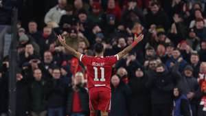 epa12688927 Mohamed Salah of Liverpool celebrates scoring the 3-0 goal during the UEFA Champions League match between Liverpool FC and Qarabaq FK, in Liverpool, Britain, 28 January 2026.  EPA/ADAM VAUGHAN