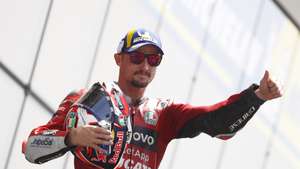 epa09948773 1st-runner up Australian MotoGP rider Jack Miller of Ducati Lenovo Team celebrates after the MotoGP race at the French Motorcycling Grand Prix in Le Mans, France, 15 May 2022.  EPA/YOAN VALAT