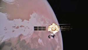 epa09663196 A handout photo released by the China National Space Administration (CNSA) on 01 January 2022 and taken by the Tianwen-1 Mars mission shows the orbiter flying around the Red Planet in an orbit (issued 02 January 2022). The CNSA published on 01 January four pictures taken by its Tianwen-1 Mars mission, including the first full photo of the mission orbiter. The orbiter's full picture was taken by a camera released by the craft, which is now about 350 million kilometers away from Earth, CNSA said in a statement. Launched in July 2020 from the Wenchang Space Launch Center in Hainan province, the Tianwen-1 robotic probe, named after an ancient Chinese poem, traveled a total of 475 million kilometers and carried out several trajectory maneuvers before entering Martian orbit on 10 February 2021. After over three months of preparations, a landing capsule released by the probe descended through the Martian atmosphere in an extremely challenging landing process and finally touched down on the Red Planet on 15 May 2021, making China the second country, after the United States, to have successfully conducted Martian landing.  EPA/CNSA HANDOUT  HANDOUT EDITORIAL USE ONLY/NO SALES