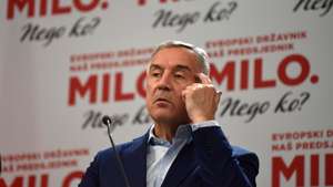 epa10533086 Presidential candidate and incumbent President of Montenegro Milo Djukanovic addresses the media in Podgorica, Montenegro, 19 March 2023. Early projections suggest that President Djukanovic will face Jakov Milatovic in the second round of the elections for President of Montenegro on 02 April 2023.  EPA/BORIS PEJOVIC