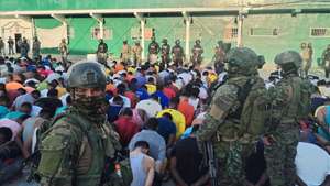 epa11076794 A handout photo made available by the Ecuadorian Armed Forces shows police agents and soldiers after taking over a jail in Esmeraldas, Ecuador, 14 January 2024. Ecuadorian President Daniel Noboa announced on X (formerly Twitter) that joint operation of Armed Forces and the Police released the prison security and surveillance force and the administrative personnel who were held in Detention Centers, after a violent week of attacks by organized crime. Following the attacks and violent acts that occurred on 09 January in the country, Noboa decreed a state of emergency, declared the existence of an internal armed conflict, and ordered the Public Force to carry out security and control operations in different locations in Ecuador.  EPA/Ecuadorian Armed Forces HANDOUT   HANDOUT EDITORIAL USE ONLY/NO SALES HANDOUT EDITORIAL USE ONLY/NO SALES