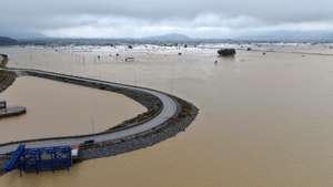 epa13280238 A drone photograph shows flooded farmland on the Lasithi Plateau following severe weather that struck Crete, Greece, 04 October 2026. Severe weather that swept across Crete caused extensive damage. In the Lasithi Plateau, 18,000 of the 25,000 stremmas (approximately 4,450 acres) of farmland have been flooded, while at least 3,000 tonnes of potatoes have been submerged.  EPA/NIKOS CHALKIADAKIS