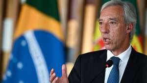 epa10485977 Portuguese Foreign Minister Joao Gomes Cravinho attends a press conference with his Brazilian counterpart in the Palace of Itamaraty, in Brasília, Brazil, 23 February 2023.  EPA/Andre Borges
