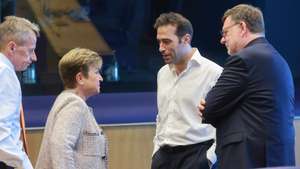epa12185858 (L-R) Estonian Minister of Finance Jurgen Ligi,  Managing Director of the International Monetary Fund (IMF) Kristalina Georgieva, Spanish Economy Minister Carlos Cuerpo, and  Czech Finance Minister Zbynek Stanjura attend a Eurogroup Finance Ministers meeting in Luxembourg City, Luxembourg, 19 June 2025.  EPA/OLIVIER HOSLET