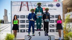 The winner of the Men Lisbon Half Marathon, Kenneth Kiprop Renju (C) from Ethiopia, second placed Jorum Okombo (L) from Ethiopia and third placed Elvis Kipchoge Cheboi from Ethipia, during the podium ceremony, downtown Lisbon, Portugal 08 May 2022. JOSE SENA GOULAO/LUSA