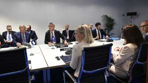 epa10038699 Turkish President Recep Tayyip Erdogan, NATO Secretary General Jens Stoltenberg and Swedish Prime Minister Magdalena Andersson talk about Sweden's and Finland's NATO application ahead of the NATO summit in Madrid, Spain, 28 June 2022.  EPA/Henrik Montgomery/TT  SWEDEN OUT
