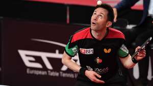 epa09301857 Joao Monteiro of Portugal in action against Tomislav Pucar of Croatia in the men's singles qualifiers during the ITTF European Table Tennis Championships 2020 in Warsaw, Poland, 25 June 2021.  EPA/Piotr Nowak POLAND OUT  EPA-EFE/Piotr Nowak POLAND OUT