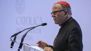 O magno chanceler e cardeal patriarca de Lisboa, Manuel Clemente, intervém durante a cerimónia de inauguração da Faculdade de Medicina da Universidade Católica Portuguesa, em Talaíde, Sintra, 14 de setembro de 2021. MIGUEL A. LOPES/LUSA