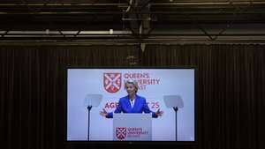 epa10580231 President of the European Commission Ursula von der Leyen addresses the third and final day of a conference at Queen's University Belfast to mark the 25th anniversary of the Good Friday Agreement in Belfast, Northern Ireland, Britain, 19 April 2023. The Good Friday Agreement was signed on 10 April 1998. The agreement ended the violent phase of the political conflict in Northern Ireland and is seen as the major development in the Northern Ireland peace process of the 1990s.  EPA/MARK MARLOW