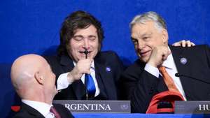 epa12813737 (FILE) - Argentina's President Javier Milei (C) and Hungary's Prime Minister Viktor Orban (R) attend the Board of Peace meeting at the Donald J. Trump U.S. Institute of Peace in Washington, USA, 19 February 2026 (reissued 11 March 2026). Hungarian parliamentary elections are scheduled for 12 April 2026, pitting Prime Minister Viktor Orbán's Fidesz party against his opponent Péter Magyar's Tisza party. Fidesz has dominated Hungarian politics since 2010, securing supermajorities in 2014, 2018, and 2022 thanks to nationalist policies, control of the media, and tensions with the EU. Péter Magyar, a former Fidesz member, currently leads among committed voters, boosted by anti-corruption appeals and economic demands.  EPA/ALESSANDRO DI MEO