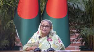 epa11526982 (FILE) Bangladesh Prime Minister Sheikh Hasina addresses a meeting with foreign observers and journalists in Dhaka, Bangladesh, 08 January 2024 (reissued 05 August 2024). Dhaka authorities have imposed a new curfew starting 06:00 p.m. local time on 04 August. As casualties mounted and law enforcement struggled to contain the unrest, the Bangladeshi government on 20 July 2024 had imposed an initial nationwide curfew and deployed military forces after violence broke out in Dhaka and other regions following student-led protests demanding reforms to the government's job quota system.  EPA/MONIRUL ALAM