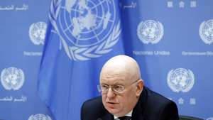 epa09721751 Russian Ambassador to the UN and current UN Security Council President, Vasily Nebenzia holds a press conference to announce the Council's program of work for the month of February at THE United Nations headquarters in New York, New York, USA, 01 February 2022.  EPA/JASON SZENES