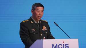 epa10801274 Chinese Defence Minister Li Shangfu delivers his speech at a session of the 11th Moscow Conference on International Security (MCIS) during the International Military-Technical Forum Army-2023 held at the Patriot Park in Kubinka, outside Moscow, Russia, 15 August 2023. The International Military-Technical Forum Army-2023 is held from 14 to 20 August 2023 at Patriot Expo, Kubinka Air Base and Alabino military training grounds.  EPA/YURI KOCHETKOV