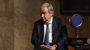 epa10617128 UN Secretary General, Portuguese Antonio Guterres attends the ceremony he has been awarded the Carlos V European Award at, at Yuste Monastery in Caceres province, western Spain, 09 May 2023.  EPA/J.J. Guillen / POOL POOL