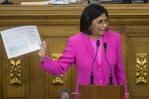 epa11315597 Executive Vice President of Venezuela Delcy Rodriguez speaks during a session of the National Assembly in Caracas, Venezuela, 02 May 2024. Venezuela&#039;s National Assembly, with a large pro-government majority, approved on May 2 the creation of a law proposed by Rodriguez which aims, according to authorities, to protect pensions against the effects of the &#039;criminal blockade&#039; imposed by the United States.  EPA/MIGUEL GUTIERREZ