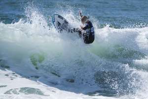 Portuguese surfer Yolanda Hopkins in action during the Meo Rip Curl Pro Portugal surfing event as part of the World Surf League (WSL) World Tour at Supertubos beach in Peniche, Portugal, 16 March 2025. CARLOS BARROSO/ LUSA