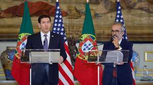 Marco Rubio com Paulo Rangel em conferência de imprensa no Palácio das Necessidades, em Lisboa. 8 de outubro de 2026