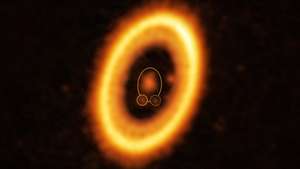 Esta imagem, obtida pelo Atacama Large Millimeter/submillimeter Array (ALMA), do qual o ESO é um parceiro, mostra o jovem sistema planetário PDS 70, situado a quase 400 anos-luz de distância da Terra. O sistema possui uma estrela no seu centro, em torno da qual orbita o planeta PDS 70 b (assinalado pelo círculo amarelo com linha sólida). Na mesma órbita de PDS 70b, indicada por uma elipse amarela, os astrónomos detectaram uma nuvem de detritos (marcada por um círculo amarelo a tracejado) que poderá ser formada pelos blocos constituintes de um novo planeta ou os restos de um planeta já formado. A estrutura em forma de anel que domina a imagem trata-se de um disco circumstelar de material, a partir do qual se estão a formar planetas. Há ainda outro planeta neste sistema: PDS 70c, que podemos ver à 3 horas junto ao interior do disco.