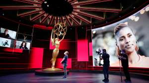 Emmy Host Jimmy Kimmel laughs with stage Manager Gary Natoli during rehearsals Friday for the 72nd Annual Emmy Awards taking place at Staples Center this Sunday.